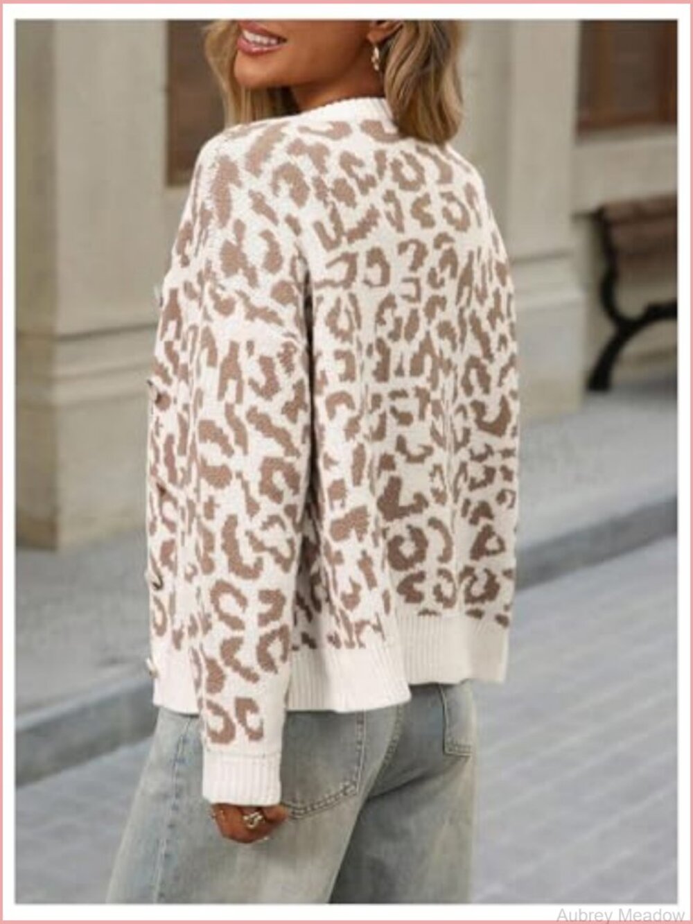 Leopard Cardigan Button Down Long Sleeve Crew Neck Sweater - Picture 3 of 5